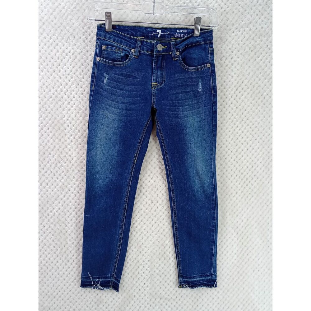 7 For All Mankind The Ankle Skinny Girls 10 Dark Wash Raw Hem Stretch Jeans